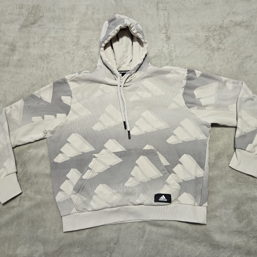 Adidas Cream and Gray Geometric Hoodie Sweatshirt Womens Sz L Tan And Gray - Picture 1 of 7